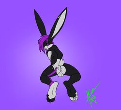 akor aleister aleister_longears ass back_view balls drag01 fur furry_ears furry_tail hair hare humanoid_feet lagomorph looking_at_viewer male male_only mammal paws presenting purple_hair raised_tail solo spread_ass spreading tail