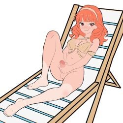 1futa artllatar beach_chair bottomless celica_(fire_emblem) fire_emblem fire_emblem_echoes:_shadows_of_valentia fire_emblem_heroes futa_only futa_solo futanari hairband looking_at_viewer lying_on_back masturbation masturbation_while_looking official_alternate_costume red_hair solo solo_masturbation swimsuit