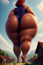 ai_generated back_view bbw castle dc fairytale giantess green_eyes high_angle_view huge_ass looking_back medieval perchance_ai purple_loincloth red_hair starfire tamaranean tan_skin village