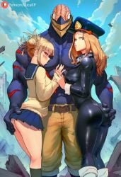 1boy 2girls ai_generated belt blonde_female blonde_hair blush blush_lines brain camie_utsushimi city female grabbing grabbing_ass hand_on_ass hat himiko_toga kissing kissing_chest looking_at_viewer lucakp male muscular muscular_male my_hero_academia nomu patreon patreon_link patreon_logo patreon_reward patreon_url patreon_username ruined_city scar school_uniform schoolgirl tagme toga_himiko trousers utsushimi_camie