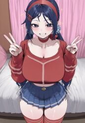 1girl ai_generated bed bedroom blue_eyes blush breasts choker cleavage curtains double_v female grin hair_ornament hairclip hat huge_breasts indoors large_breasts long_hair looking_at_viewer midriff miside mita_(miside) pleated_skirt red_sweater skirt smile solo thighhighs truck-kun_art truck_kun v w