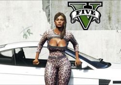 3d 3d_(artwork) absurd_res alternate_outfit beautiful_woman blush brown_eyes brown_hair cheetah_print cleavage collarbone dark_skinned_female earrings emotionless emotionless_female exposed_cleavage expressionless game_mod grand_theft_auto grand_theft_auto_v gta_prostitute highres huge_breasts leaning_against_car leggings logo long_hair mature_female modification nivinha prostitute rockstar_games source_request sports_car text tight_clothing wide_hips