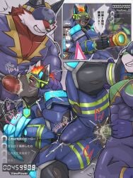 abs absurd_res anal anthro bodily_fluids bondage bondage bound bulge canid canine canis clothing cum cum_in_clothing cum_through_clothing fire flaming_hair furlong_(live_a_hero) genital_fluids genitals green_penis group hi_res hyena instant_loss_2koma japanese_text kannepaz lifewonders live_a_hero male male/male mammal pecs penis pseudo_hair red_penis spandex_suit tenting text torn_clothing visor_helmet wet wet_clothing wolf wolf_villain_(live_a_hero)