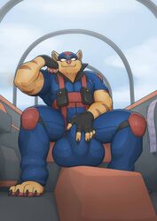 1boy 2015 anthro biceps big_bulge big_muscles big_penis brown_fur bulge chance_furlong claws clothing condom feline flight_suit fur furry huge_cock huge_testicles longblueclaw looking_at_viewer male male_only mammal muscular muscular_male pants paws penis penis_outline pose solo stripes swat_kats t-bone testicles