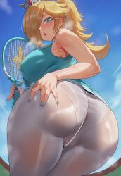 1girl 1girls ai_generated ass bare_shoulders big_ass big_breasts black_nails blonde_hair blue_eyes blue_nails blue_sky blush breasts clothing crown day earrings electric_fan from_behind hair_over_one_eye jewelry large_breasts lips long_hair looking_at_viewer looking_back mario_(series) mario_tennis nail_polish panties pantyhose princess_rosalina princess_rosalina_(tennis) purple_nails racket rosalina see-through sky solo sportswear tagme tennis_ball tennis_racket tennis_uniform tharkica underwear