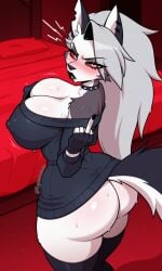 1furry ai_generated ass big_breasts breasts female furry goth grey_hair hellhound helluva_boss long_hair looking_at_viewer looking_back loona_(helluva_boss) middle_finger nipples_bulge no_bra no_panties red_eyes roger1011 tail thighhighs watermark white_eyes