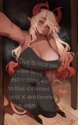 1girls absurd_res big_breasts biting_own_lip blonde_hair cleavage demon_girl demon_horns demon_tail doorway dress due_to_local_laws female female_only heels horns huge_breasts long_dress long_hair looking_at_viewer maewix1 meme outstretched_arm pointy_ears red_hair smiling smiling_at_viewer solo stockings tail text_on_clothing thick_thighs two_tone_hair wide_hips wink winking_at_viewer