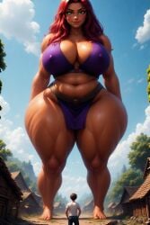 ai_generated bbw castle dc fairytale giantess green_eyes high_angle_view male male_viewer medieval perchance_ai purple_loincloth red_hair starfire tamaranean tan_skin village