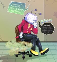 background big_ass big_butt bloated bloated_belly bloated_stomach blush deltarune dialogue eproctophillia fart farting full_color gas_cloud gassy holding_ass holding_butt lifting_leg male male_fart non-human non-human_only object_head onomatopoeia poor_guy_needs_a_belly_rub self_upload shaking shivering sitting_on_chair suede_(artist) sweat tenna_(deltarune) uncomfortable