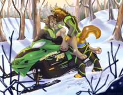 2015 anthro anyare ass breasts canine canine clothed clothing duo feline female fur german_shepherd hair lynx male mammal nipples partially_clothed sex shaylaskye shepherd sheriff smile snow snowing snowmobile tongue winter