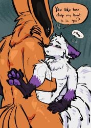 absurd_res anal anal_sex anthro bodily_fluids canid canine cum duo fluffy fox full_nelson fur genital_fluids gloves_(marking) hi_res kurama leg_markings male male/male mammal markings multi_tail naruto neck_tuft orange_body orange_fur pawpads paws penetration prince-vulpine purple_eyes rook_(rookarino4277) sex socks_(marking) speech_bubble tail tailed_beast text tuft