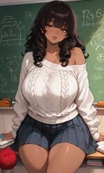 ai_generated bigbizarts black_hair brown_eyes brown_skinned_female chalkboard classroom curly_hair curvaceous dark-skinned_female desk ebony female looking_at_viewer original_character sitting skirt sweater thick_lips
