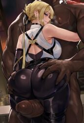 1boy ai_generated ass ass_focus ass_grab back back_cutout backboob bare_shoulders belt black_gloves black_pants blonde_hair blue_eyes blush braid braided_bun breasts buttjob clothed_female_nude_male clothing clothing_cutout covered_buttjob cross cross_earrings dark-skinned_male dark_skin deep_skin duxvector earrings elbow_gloves erection evelyn_chevalier eyeshadow female from_behind frottage gloves grabbing_another's_ass grinding groping hair_bun hands_on_ass huge_ass interracial jewelry large_breasts large_penis long_hair looking_at_viewer looking_back makeup male muscular muscular_male netorare ntr nude pants pantylines parted_lips penis penis_on_ass shiny_clothes shirt single_elbow_glove sleeveless sleeveless_shirt smile standing straight sweat thick_thighs thigh_sex thigh_strap thighs tight_clothes tight_pants veins very_dark_skin white_shirt zenless_zone_zero