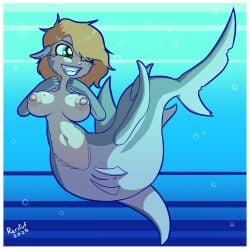 1girls anus breasts female freckles grin mermaid naked nude original pussy red_hair rerstuf shark sharp_teeth solo underwater