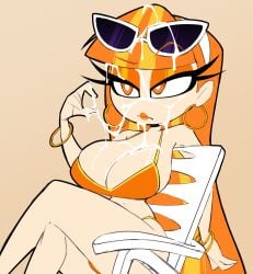 1girls amanda_(nelljoestar) annoyed beach_chair bedroom_eyes big_breasts bikini blonde_hair breasts chair cleavage cum cum_on_breasts cum_on_face cum_on_hair cum_string earrings eyewear_on_head frown huge_breasts multicolored_hair nelljoestar orange_eyes orange_lipstick original solo sunglasses swimsuit yellow_hair