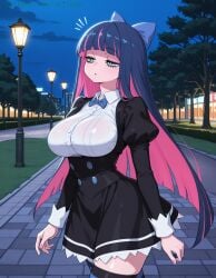ai_art ai_assisted ai_generated bangs blue_bow blue_eyes blue_hair blunt_bangs bow breasts colored_inner_hair dress female hairbow half-closed_eyes juliet_sleeves lamppost large_breasts long_hair long_sleeves multicolored_hair night notice_lines oujisan outdoors panty_&_stocking_with_garterbelt patreon patreon_url patreon_username pink_hair puffy_sleeves road self_upload sky solo stocking_\\\\\\\\(psg\\\\\\\\) stocking_anarchy striped striped_thighhighs tagme thighhighs tree two-tone_hair