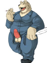 1boy anthro balls bear chubby cigarette circumcised closed_eyes donguri erection fur humanoid_penis male male_only mammal open_mouth penis poking_out simple_background solo white_fur