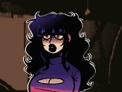 big_breasts big_breasts black_hair creepypasta needlemouse_(series) red_pupils sarah_henderson_(needlemouse) sweater yellow_eyes ykujo