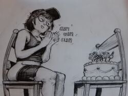 birthday cake cap female jowan_droven original_character pencil_sketch round_glasses short_hair