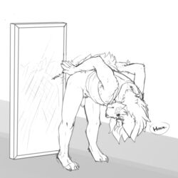 anthro bent_over bottomless canine clothed clothing digitigrade english_text flaccid half-dressed line_art male male_only mammal mirror penis simple_background solo spanking text tobicakes uncut