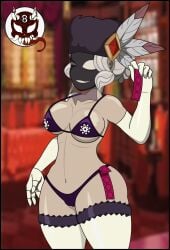 8ball9615 asking asking_for_sex bikini black_dahlia busty busty_female condom_belt cybernetic_legs cybernetics female gilf in_underwear offering_sex skullgirls