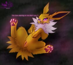 anus astralia_(art) blush bodily_fluids dialogue eeveelution female feral fur generation_1_pokemon genital_fluids genitals grass hi_res jolteon looking_at_viewer nintendo pawpads paws plant pokemon pokemon_(species) presenting presenting_vulva purple_eyes solo spread_legs spreading tongue vaginal_fluid_string vaginal_fluids vulva watermark yellow_body yellow_fur