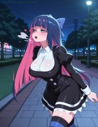 ai_art ai_assisted ai_generated bangs black_dress blue_bow blue_eyes blue_thighhighs blunt_bangs blush bow breasts breath colored_inner_hair dress female hairbow heart heavy_breathing juliet_sleeves lamppost large_breasts long_hair long_sleeves multicolored_hair night night_sky open_mouth oujisan outdoors panty_&_stocking_with_garterbelt patreon patreon_url patreon_username pink_hair puffy_sleeves road self_upload sky solo stocking_\\\\\\\\(psg\\\\\\\\) stocking_anarchy striped striped_thighhighs tagme thighhighs thighs tree two-tone_hair