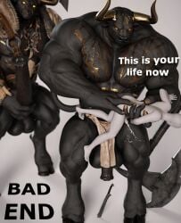 3d 3d_(artwork) anal anal_fingering anal_insertion anonymous_male anthro anthro_on_human anthro_on_male bad_end before_rape before_sex bovid bull cumming cumming_while_penetrated english_text equine_penis erection fingering flaccid forced forced_orgasm glowing_eyes hdregrets hooves horns horsecock huge_cock large_penis large_testicles loincloth male_only minotaur monster muscular muscular_anthro muscular_male pecs size_difference tagme text