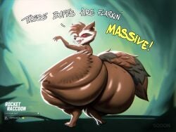 2025 absurd_res anthro ass big_butt black_nose brown_body brown_fur butt_slap dialogue empty_eyes english_description english_text exclamation_point fangs fur gold_ear_ring guardians_of_the_galaxy hi_res looking_back male mammal marvel marvel_comics marvel_rivals mohawk nude_anthro nude_male open_mouth procyonid raccoon rear_view red_eyes rocket_raccoon rocket_raccoon_(marvel_rivals) slap solo sqoon tail teeth text