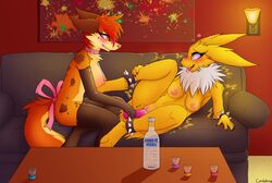 2015 akira_(candyfoxy) alcohol anthro beverage blush bottle breasts brown_fur candyfoxy canine claws clothing collar dripping drunk duo eeveelution female food fur hair inside jolteon legwear lily_(theycalmehavoc) living_room lying mammal nintendo nipples nude on_side open_mouth orange_hair penetration pointy_ears pokemon pokemon_(species) pussy pussy_juice ribbons rubber saliva sex_toy shot_glass side_view sitting smile sofa spiked_bracelet spikes table tail_bow teeth thighhighs tongue tongue_out vaginal_penetration vibrator video_games vodka white_fur wolf yellow_eyes yellow_fur yuri