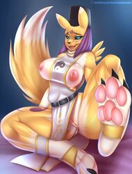 1girls 2015 3_toes anthro anus areola barefoot big_breasts black_sclera blue_eyes breasts claws clothed clothing digimon doomthewolf female female_only fluffy_tail foot_focus fur furaffinity furry furry_only hat hindpaw looking_at_viewer nipples open_mouth pawpads paws pussy renamon solo tail taomon toe_claws toes yellow_fur