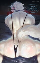 absurd_res anthro ass back_muscles big_butt bodily_fluids bubble_butt canid canine canis collar cum cum_on_butt fluffy fluffy_tail fur genital_fluids hi_res kult2k male mammal mihoyo muscular muscular_anthro muscular_male muzzle_(object) presenting presenting_hindquarters rear_view red_eyes solo sweat tail tongue tongue_out von_lycaon white_body white_fur wolf zenless_zone_zero