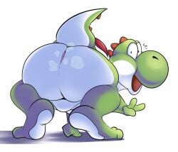 ambiguous_gender anthro anus ass bastardpalace bent_over big_butt dinosaur dot_eyes green_yoshi hi_res huge_butt looking_at_viewer looking_back mario_(series) multicolored_body nintendo nude open_mouth reptile scalie solo two_tone_body yoshi