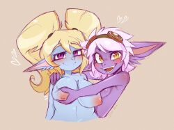 2girls big_breasts blonde_hair blue_skin blush breast_grab breasts eyelashes female female_only goggles league_of_legends long_hair looking_at_viewer medium_breasts nipples open_smile pointy_ears poppy purple_eyes purple_skin short_hair shortstack silvaparas smile tagme teeth tristana twintails white_hair yellow_eyes yordle