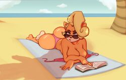 4_toes activision anthro ass bandicoot beach bedding bikini bikini_bottom bikini_top bikini_top_removed blanket blonde_hair book breasts bubble_butt clothing coco_bandicoot crash_(series) digital_media_(artwork) eyewear feet female fingers fur green_eyes hair looking_at_viewer lying mammal marsupial necrothant nipples on_front outside palm_tree plant plantigrade soles solo sunglasses swimwear toes tree two-piece_swimsuit water
