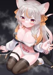 blush bra braid breasts emoji female female_only flower_in_hair grey_hair leggings looking_at_viewer makeoshimi mole mole_on_breast orange_eyes painted_nails panties pubic_tattoo rat_ears rat_girl rat_tail ratsukare ribbon_choker skirt_removed sweat tail tail_ribbon tattoo unhappy vtuber womb_tattoo