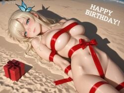1girls absurd_res ai_generated artist_name beach belly big_breasts bigz_ai birthday blonde_hair blush boku_wa_tomodachi_ga_sukunai breasts completely_nude female female_only gift hairclip hands_behind_back happy_birthday highres huge_breasts kashiwazaki_sena large_breasts laying_down light-skinned_female light_skin long_hair looking_at_viewer nude ribbon ribbon_bondage seaside sena_kashiwazaki shy teasing wide_hips