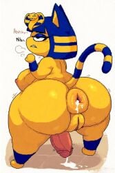 ai_generated animal_crossing ankha_(animal_crossing) annoyed ass asshole balls breasts cock cum drip dripping floor from futanari gigantic huge intersex moaning nipples on penis pixel_art pussy tail trembling