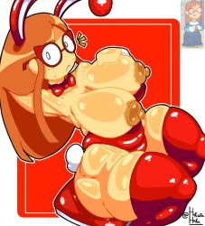1girls areolae big_breasts breasts breasts_out brown_hair bunny_ears bunny_tail bunnysuit eyewear fake_animal_ears fake_animal_tail female female_only glasses hair hikurahaka hips huge_breasts kindergarten_(game) kindergarten_3 legwear long_hair mature mature_female ms._lovelett neckwear nipples red_bunnysuit red_glasses red_thighhighs reference_image solo solo_female tail thick_thighs thighhighs thighs wide_hips