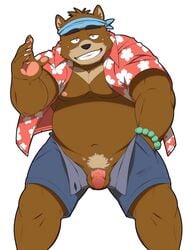 balls bear clothing colored flaccid kenji_mikazuki looking_at_viewer male male_only mammal morenatsu open_clothes open_pants open_shirt pants penis shirt shorts simple_background solo teasing whinge white_background