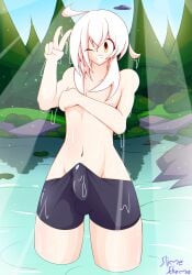 bike_shorts blush bulge bulge_through_clothing covering cute day erection erection_under_clothes femboy gay happy lake male male_only original original_character public public_indecency shirtless short_shorts slime_scheme swimsuit trap water wet wet_body wet_clothes wet_skin white_hair yellow_eyes