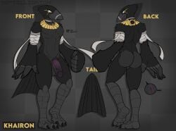3_toes absurd_res ankh anus avian balls bandage bird black_talons corvid feather_hands feathers feet front_view genitals hi_res humanoid_genitalia humanoid_penis khairon_(ech0_715) male model_sheet oscine passerine penis purple_penis rear_view reptilligator straps tail toes