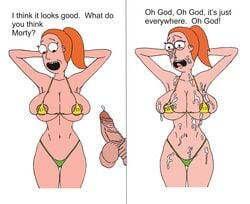 areolae_slip arms_up big_sister bikini breasts brother_and_sister cum cum_on_breasts cum_on_face cum_on_upper_body female incest large_breasts large_penis little_brother micro_bikini morty_smith navel older_sister orange_hair penis ponytail rick_and_morty sbb skimpy_bikini skindentation standing summer_smith younger_brother