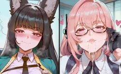 1futa 2girls after_blowjob after_fellatio ai_generated black_hair blouse blush cum cum_in_mouth cum_on_lips female fox_ears fox_girl futanari genlation glasses gloves heart-shaped_pupils hoshimi_miyabi hoyoverse intersex loving_gaze office pink_eyes pink_hair pleasure_face pleasured red_eyes shirt smirk swallowing swallowing_cum tie tsukishiro_yanagi zenless_zone_zero
