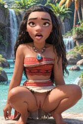 1girls ai_generated artist_name bare_shoulders barefoot black_hair breasts brown_eyes dark-skinned_female dark_skin day disney disney_princess female forehead full_body hi_res jewelry lips long_hair looking_at_viewer moana moana_2 moana_waialiki necklace no_panties open_mouth outdoors pussy r34arts skirt small_breasts solo spread_legs squatting strapless teeth tiptoes toes tongue tongue_out tree tribal tube_top uncensored water waterfall