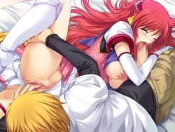 1boy 69 bed bed_sheet blonde_hair blush boots breasts breasts_out censored choukou_(alicesoft) choukou_tenshi_escalayer closed_eyes clothing_aside dress elbow_gloves escalayer fellatio female fingering game_cg gloves knee_boots kouenji_sayuka large_breasts large_variant_set leg_lift leg_up long_hair lying magical_girl mosaic_censoring nipples non-web_source official_art on_bed on_side onigirikun open_fly oral pants penis pussy pussy_juice red_hair shirt skirt spread_legs straight sweat underwear variant_set very_long_hair white_gloves yanase_kyouhei