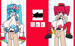2boys 2d 2d_(artwork) 2girls alternate_version_available areolae big_breasts big_nipples blouse blue_eyes blue_hair blush bow breasts breasts_bigger_than_head breasts_bigger_than_torso carrying carrying_partner censored censored_clitoris censored_pussy chibi colored_nipples erotic_chibi exposed_breasts exposed_pussy female gigantic_breasts hairbow hat hatsune_miku holding_legs huge_areolae huge_breasts huge_nipples hypnosis kasane_teto kasane_teto_(sv) kenkou77 large_areolae large_breasts lifting_person long_nipples male massive_breasts mesmerizer_(vocaloid) mesmerizer_miku mesmerizer_teto mv_character necktie nipples open_blouse open_mouth open_shirt penis puffy_areola puffy_nipples pussy red_eyes red_hair ripped_clothing ripped_pants roller_skates sex shoes simple_background skirt socks sparkling_eyes spread_legs stand_and_carry_position standing_sex straight suspenders synthesizer_v top_heavy torn_clothes torn_clothing twin_drills twintails unusual_genitalia utau vagina vaginal_penetration vaginal_sex vocaloid waitress waitress_uniform