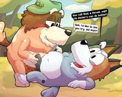 2025 anal anal_sex anthro anthro_on_anthro anthro_penetrated anthro_penetrating anthro_penetrating_anthro australian_cattle_dog belly bluey_(series) blush bob_heeler canid canine canis cattledog clenched_teeth clothing cloud day dialogue domestic_dog duo elderly elderly_anthro elderly_male english_text erection eyebrows foreskin from_front_position fur genitals glans grass handjob handjob_while_penetrating hat headgear headwear herding_dog hi_res humanoid_genitalia humanoid_penis leothelionel looking_pleasured lying male male/male male_penetrated male_penetrating male_penetrating_male mammal moobs mort_cattle narrowed_eyes navel nude on_back open_mouth open_smile outside pastoral_dog penetration penile penile_penetration penis penis_in_ass plant pseudo_incest_(lore) sex shrub slightly_chubby slightly_chubby_anthro slightly_chubby_male smile spread_legs spreading standing style_emulation teeth text tongue toony tree tuft unretracted_foreskin