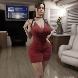3d 3d_(artwork) 3d_model brown_hair claire_redfield claire_redfield_(jordan_mcewen) curvy curvy_ass curvy_female curvy_figure dress elegant elegant_dress hand_on_hip johnnydoes3d ponytail red_dress resident_evil_2 resident_evil_2_remake smile smiley_face thick thick_ass thick_butt thick_hips thick_legs thick_thighs
