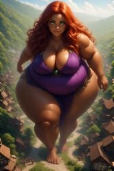 ai_generated bbw castle dc fairytale giantess green_eyes high_angle_view medieval perchance_ai purple_loincloth red_hair starfire tamaranean tan_skin village walking